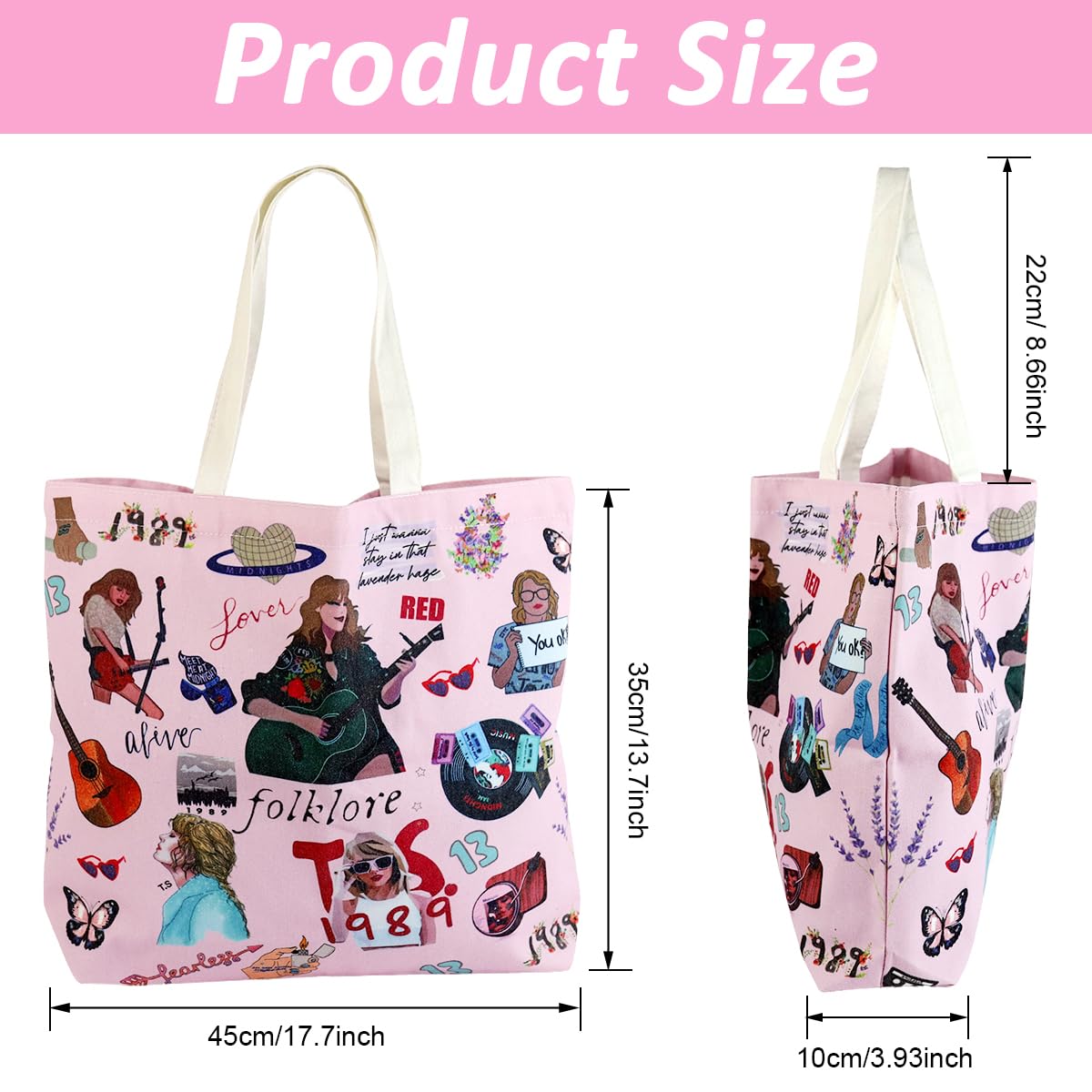 Zibuyu Girls Canvas Tote Bag for College Use with Secure Zipper Pocket 45x35x10 cm | Pink Cartoon Print
