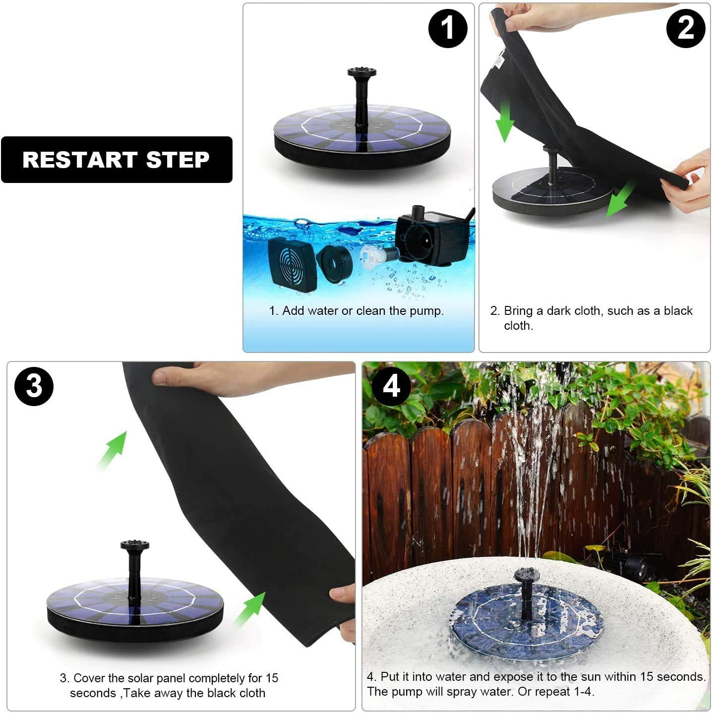 HASTHIP Solar Fountain Pump for Bird Bath and Garden with 7V 1.4W Panel | 5 Nozzles Black