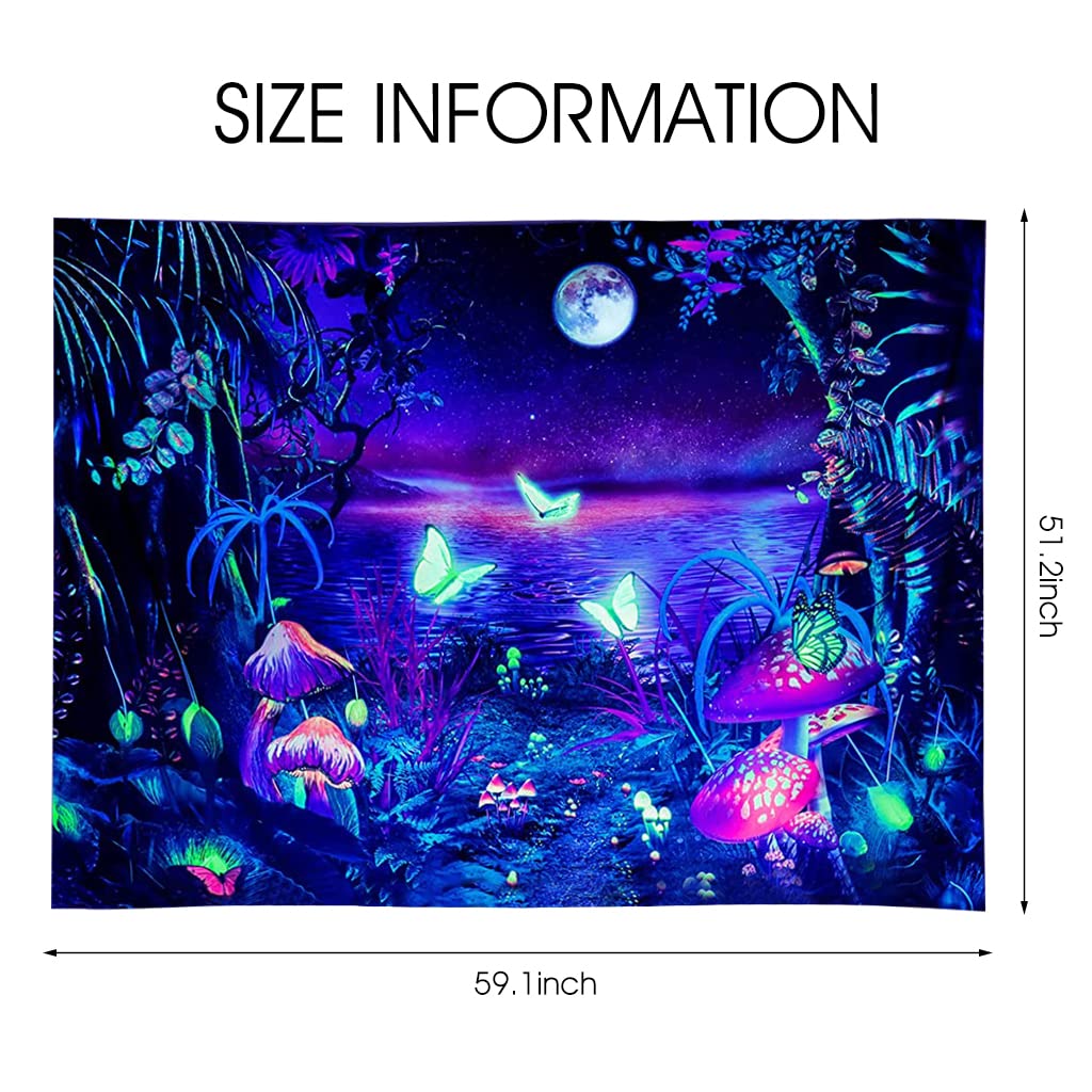 HASTHIP® Blacklight Fantasy Forest Tapestry, UV Reactive Tapestry Glow in The Dark, Butterfly Aesthetic Tapestries Galaxy Moon Space Tapestry Wall Hanging for Bedroom Living Room (51.2 in x 59.1 in)