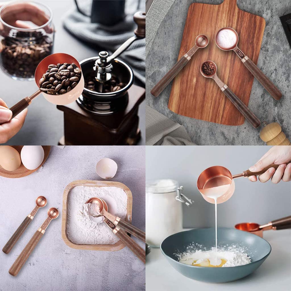 Supvox Measuring Cups and Spoons Set for Cooking and Baking with Walnut Handles and Engraved Markings | 8pcs Stainless Steel Rose Gold Finish