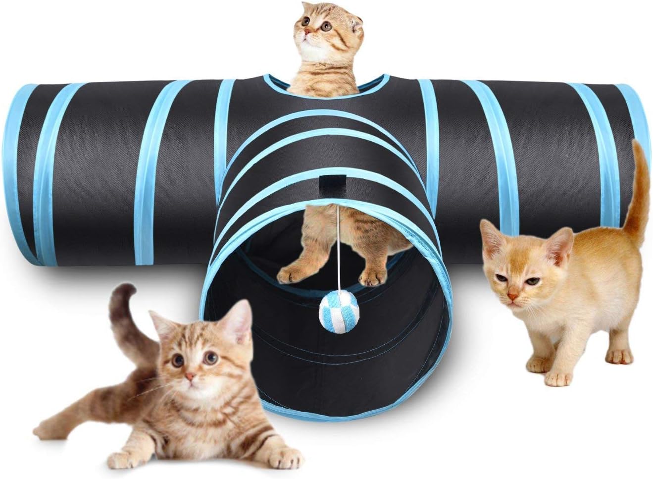 ZIBUYU® 3 Way Cat Tunnel Pet Tube Interactive Foldable Hiding Training Toy for Cat Kitten Rabbit and Puppies with Hanging Teaser Toy(Blue)