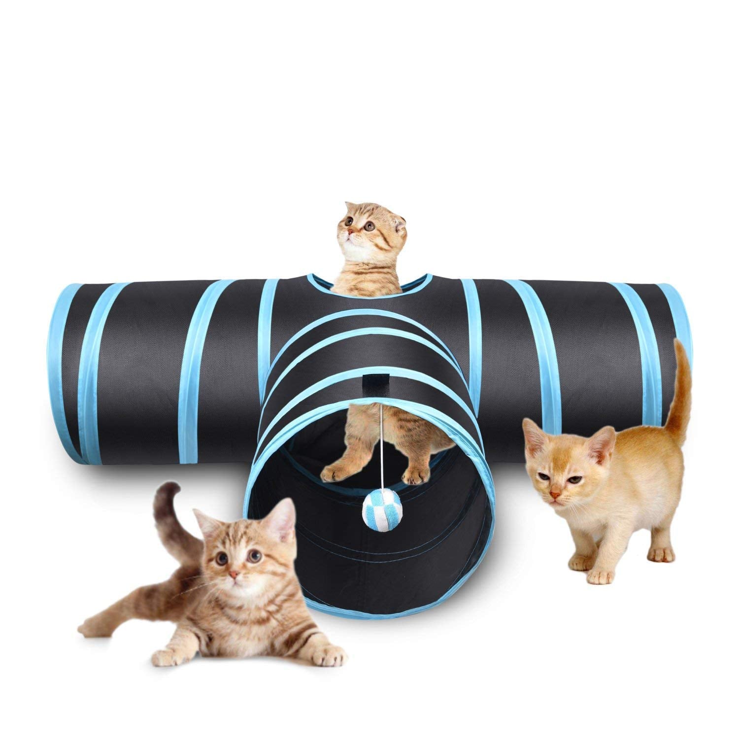 ZIBUYU 3 Way Cat Tunnel Pet Tube Interactive Foldable Hiding Training Toy for Cat Kitten Rabbit and Puppies with Hanging Teaser Toy(Blue)