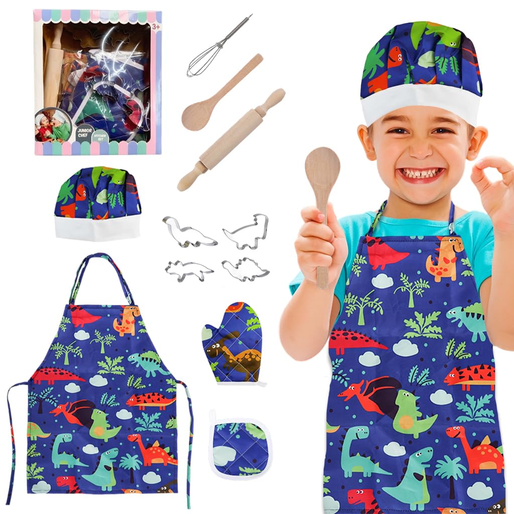 Supvox Kids Baking Set for Cooking Play with Dinosaur Apron & Chef Hat | 22Pcs Kit