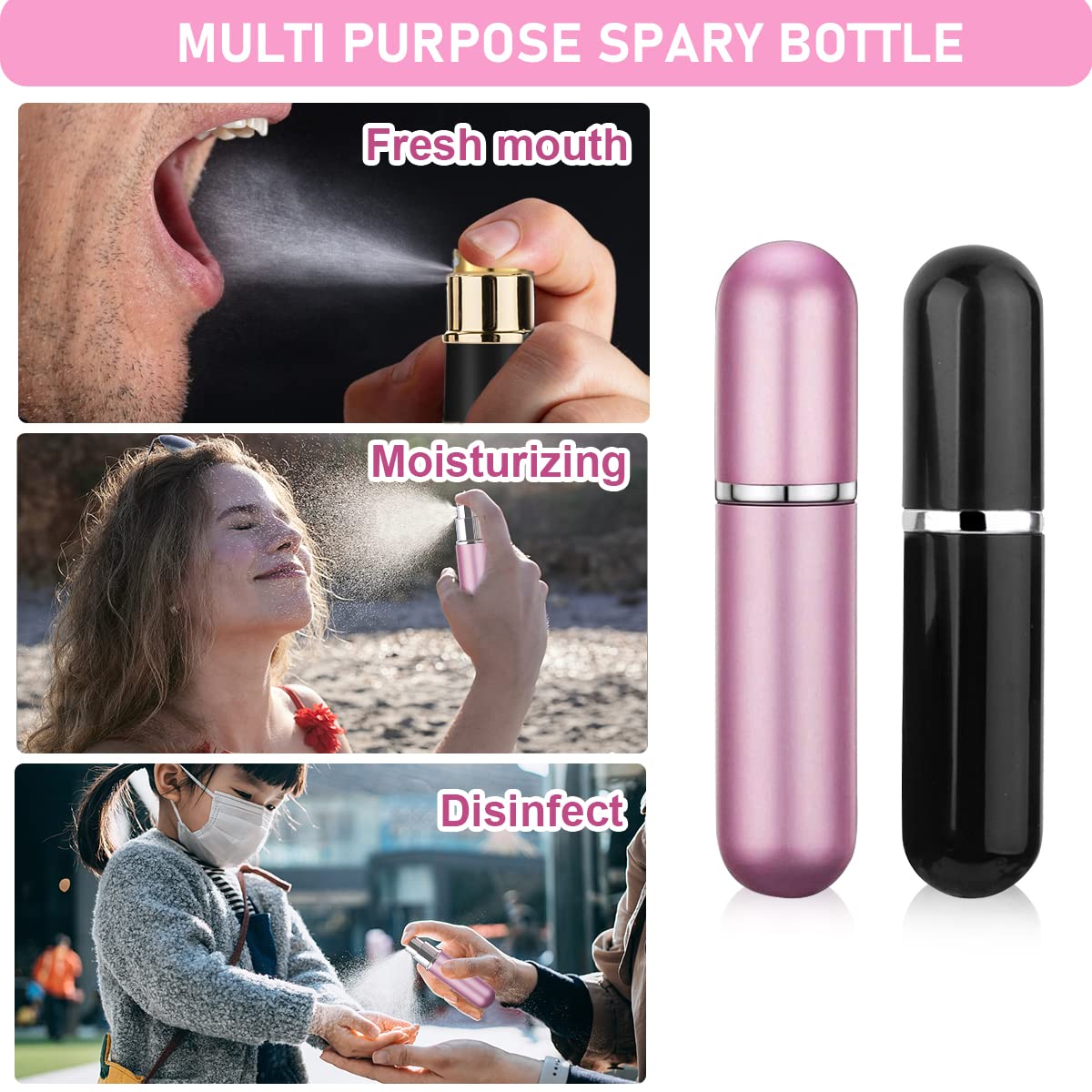 MAYCREATE Perfume Atomiser for Travel with Fine Mist Nozzle and 5ml Refillable Glass Sprayer | Pink and Black