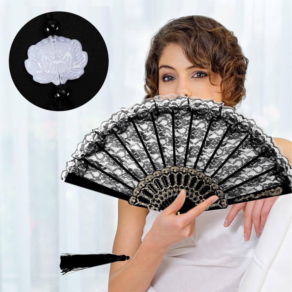 HASTHIP Hand Fan for Ladies with Black Lace Tassel and Folding Bamboo Frame | Elegant Chinese Style Gift