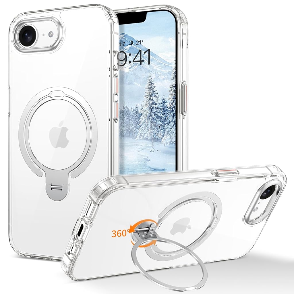 ZORBES® Compatible with iPhone 16E Clear Phone Case for 16E Magnetic Phone Case with 360 ° Rotatable Kickstand Phone Grip Protective Phone Case for Lastest iPhone, Support  Wireless Charging