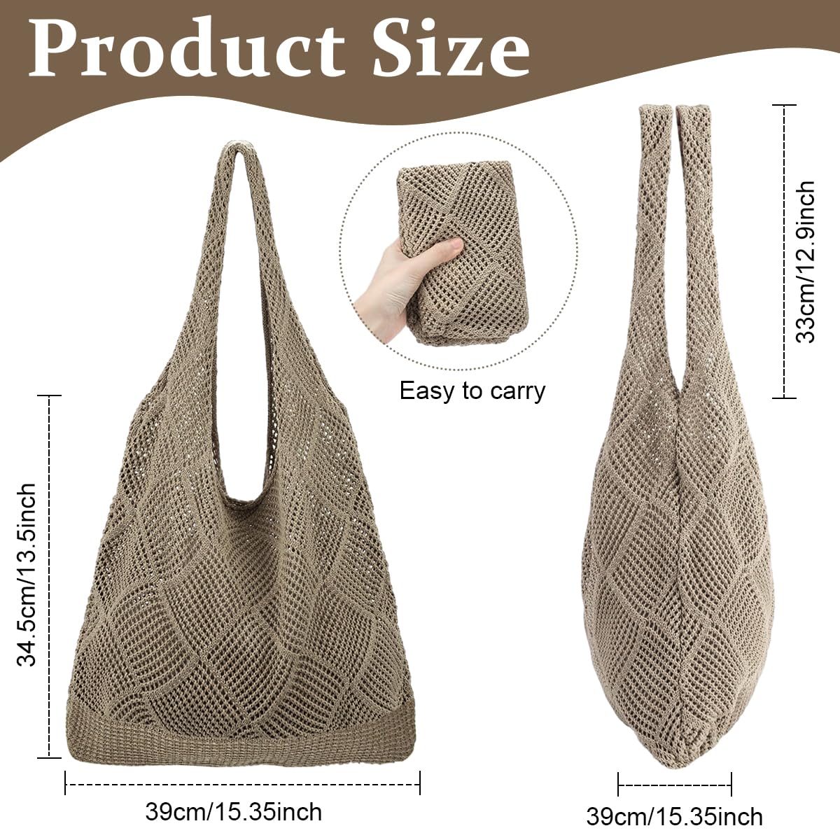 Venzina Hand Bag for Everyday Style featuring Hollow Out Crochet Design 29x37cm Khaki
