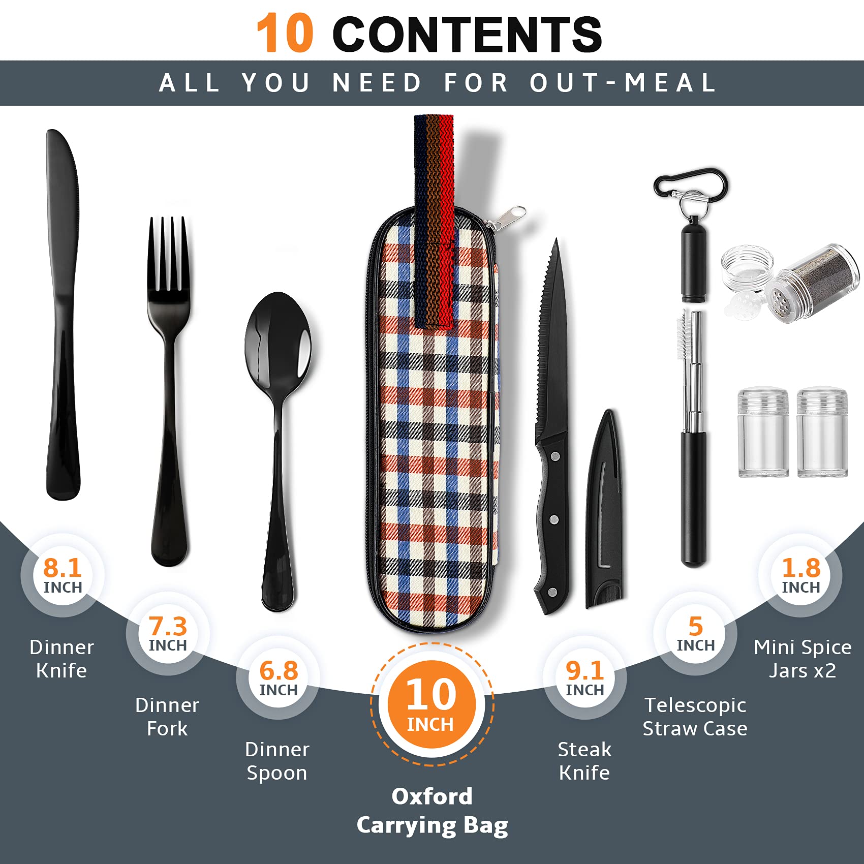 HASTHIP Portable Travel Utensils Set for Camping and Office with Zipper Case and Straw | Reusable Stainless Steel Flatware in Black