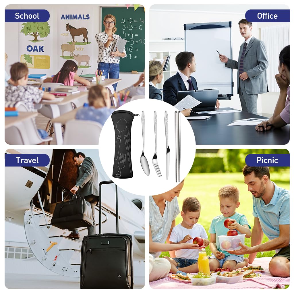 ZIBUYU Cutlery Set for Travel and Picnic featuring 4pcs Stainless Steel Utensils | Embossed Handle Design