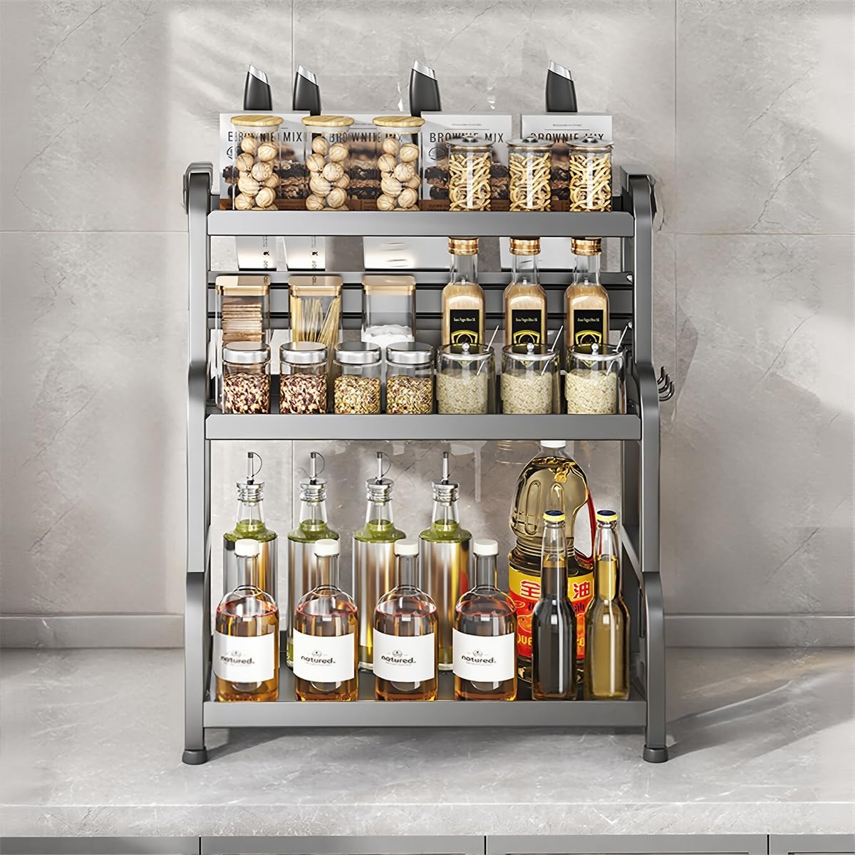 HASTHIP Kitchen Condiments Organizer Rack with Hooks and 47x22x56cm Triple Layer Carbon Steel Shelf | Space Saving Counter Storage