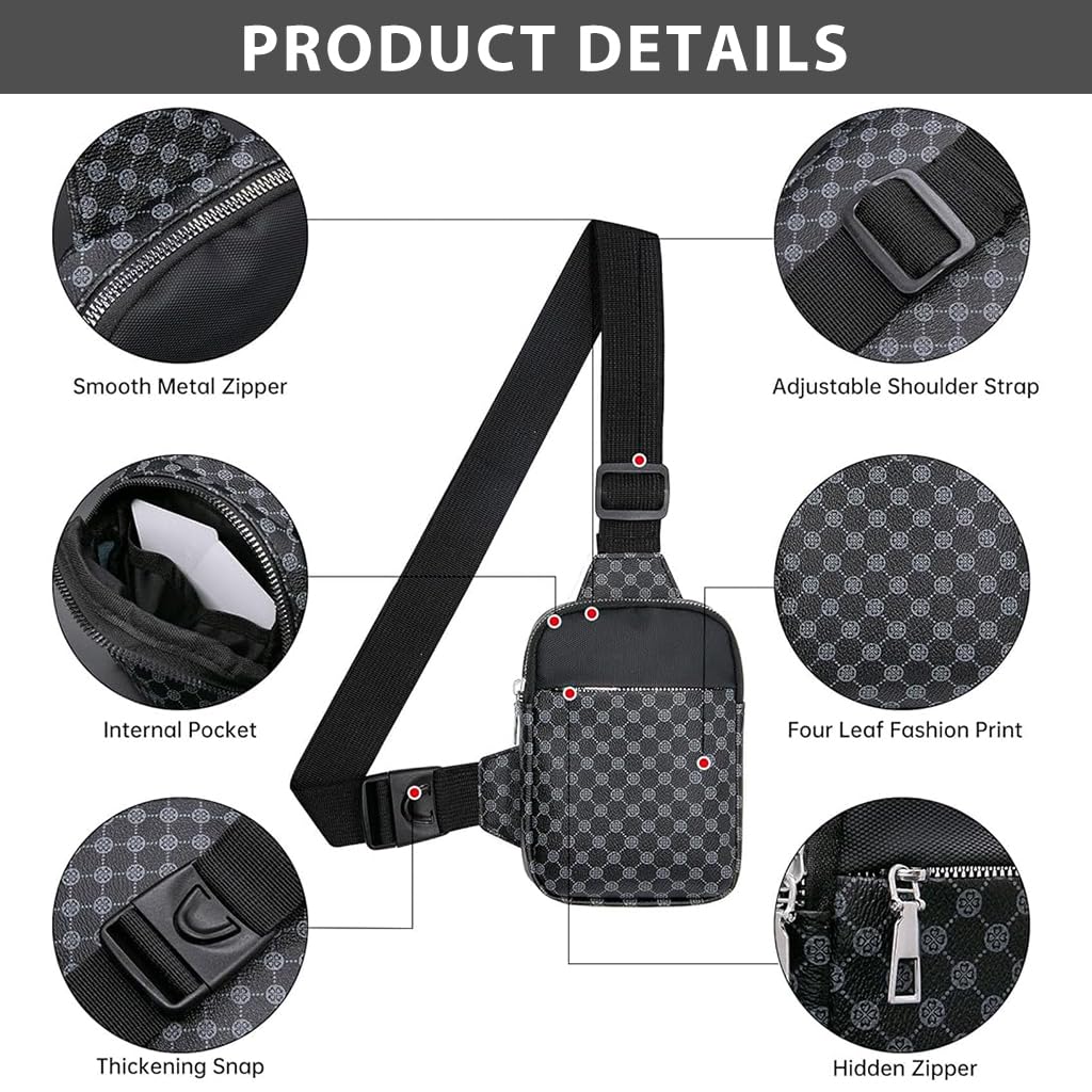 GUSTAVE Small Chest Bag Men's Phone Sling Bag Casual Crossbody Bag Double Layer Fashion Print PU Leather Chest Bag Shoulder Bag Crossbody Phone Bag Travel Phone Bag, 13x5x19cm