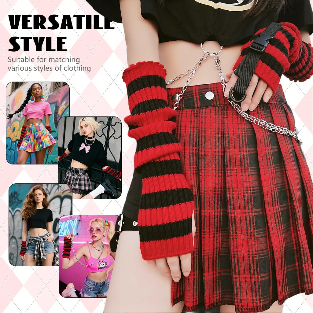 SANNIDHI Arm Warmers for Women with Thumb Hole featuring Red Black Striped Knit | Y2K Style and Warmth