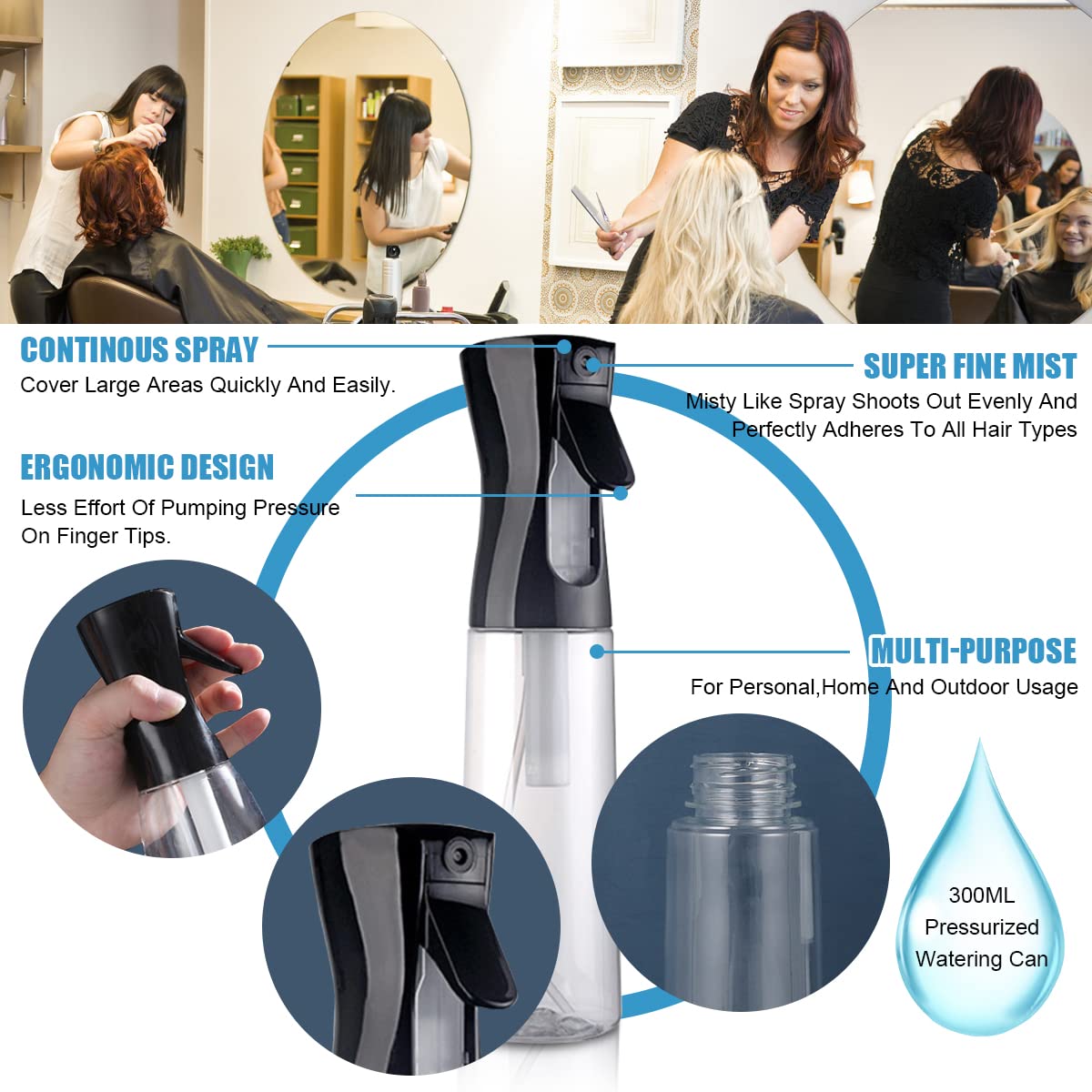 ZIBUYU Spray Bottle for Hair and Skin with 300ml Capacity featuring Pressurized Nozzle | Clear PET Refillable Design