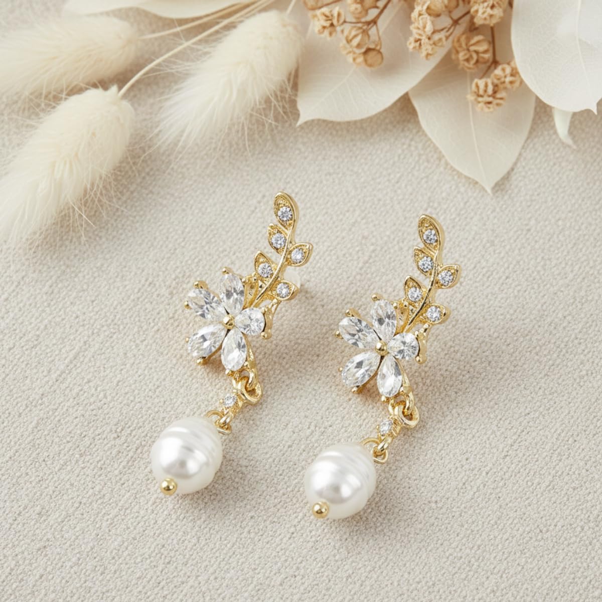 ZIBUYU Gold Pearl Flower Dangle Earrings for Women featuring Hypoallergenic Nickel-Free Alloy | Elegant Lightweight Jewelry for Weddings and Everyday Wear