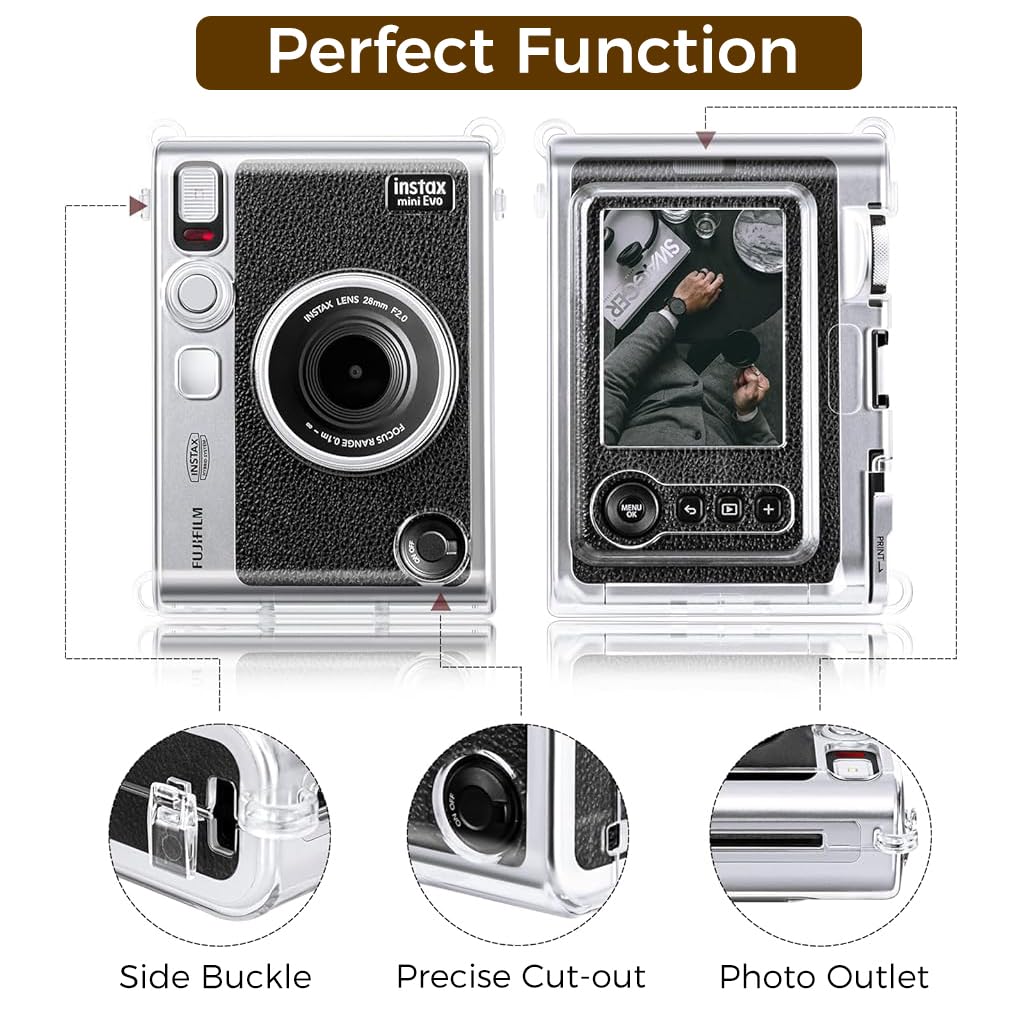 ZORBES Clear Case for Fujifilm Instax Mini Evo with 3 Loops and Transparent PC Protection