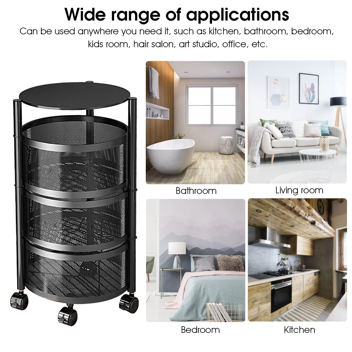 HASTHIP Kitchen Rotating Trolley for Storage with 3 Layer 30cm Mesh Baskets | 360° Wheels