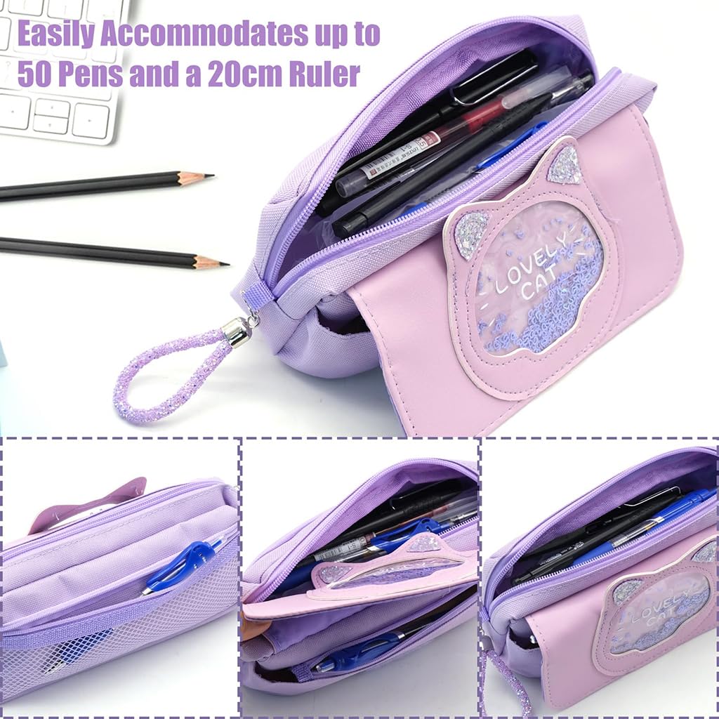 Zibuyu Cute Cat Kawaii Pencil Case for School with Quicksand Glitter and Handle | Purple PU Leather Organizer