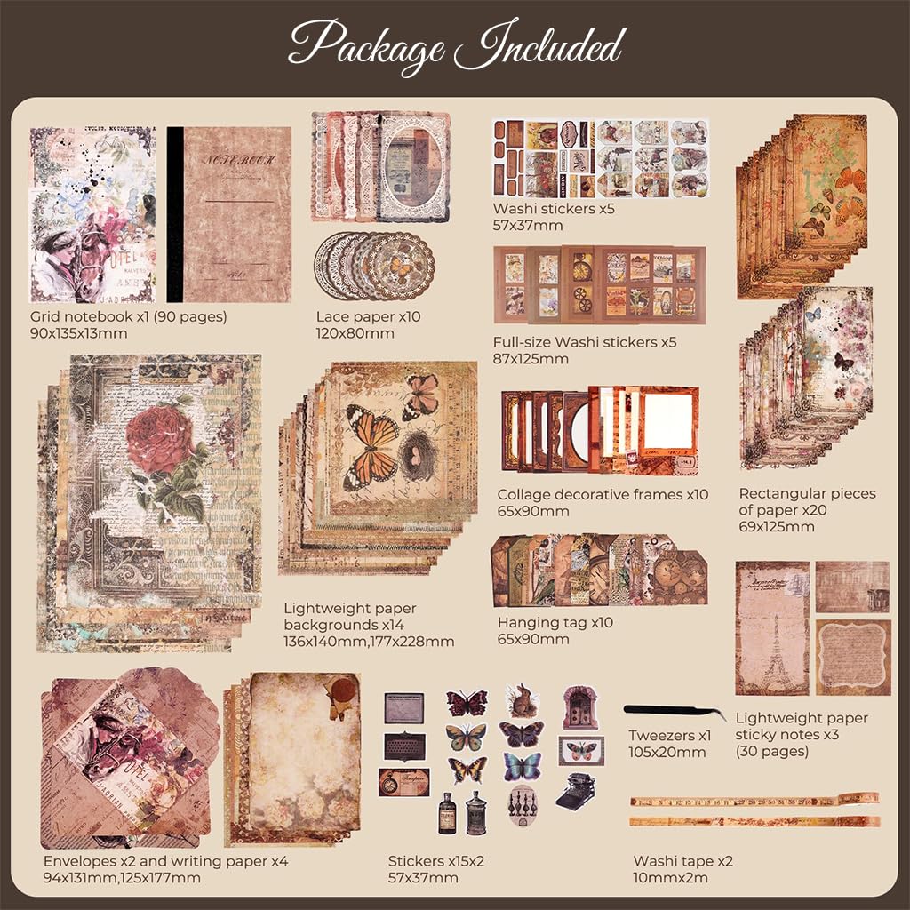 HASTHIP Vintage Journal Supplies Kit for Scrapbooking with 202 pcs A6 Notebook Set | Wisteria Flower Design
