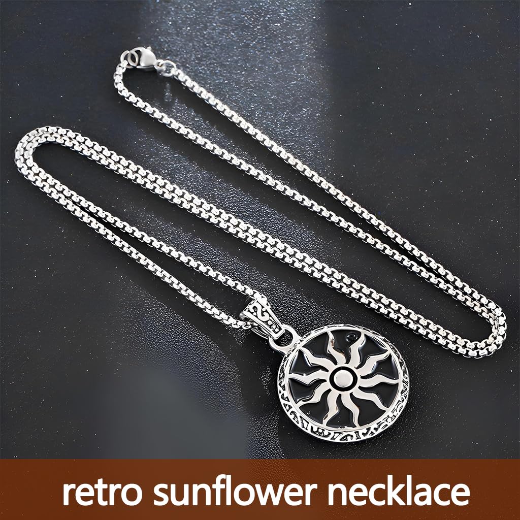 Zibuyu Sun Pendant Necklace with Polished Black Stainless Steel Chain for Men & Women | Vintage Protective Amulet Jewelry