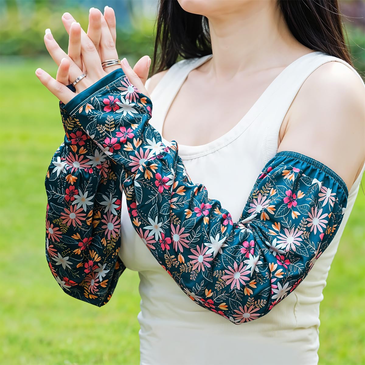 SANNIDHI Arm Sleeves for Women with Thumb Hole and Anti Slip Cuff | 2 Pairs UV Sun Protection