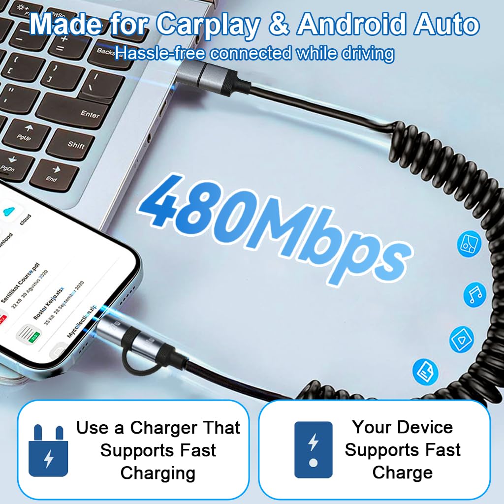 Verilux Type C Charger Cable 4 in 1 4 ft 1.2 m with PD 60 W Fast Charging and Spring Coil Design