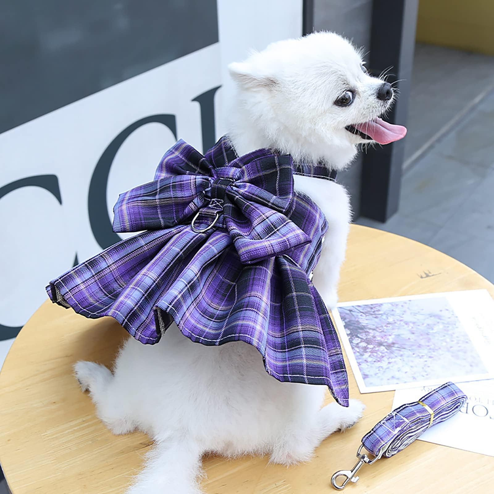 Qpets Dog Cat Dress for Daily Walking with 1.5m Leash and D Ring | Purple Plaid Bow Tie Skirt M
