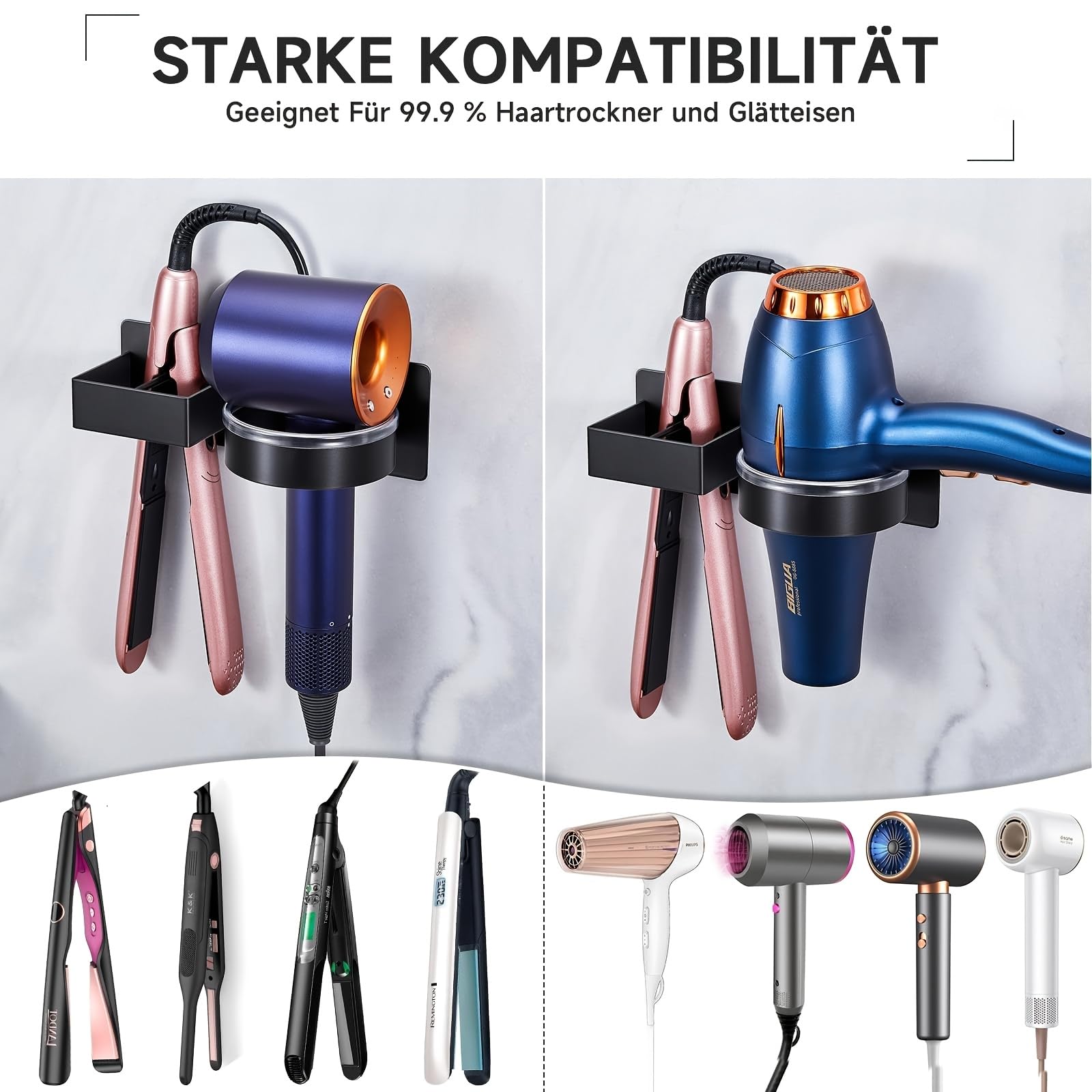 HASTHIP Wall Hair Dryer Organizer for Bathroom with Cable Management Knob | Carbon Steel Storage Rack