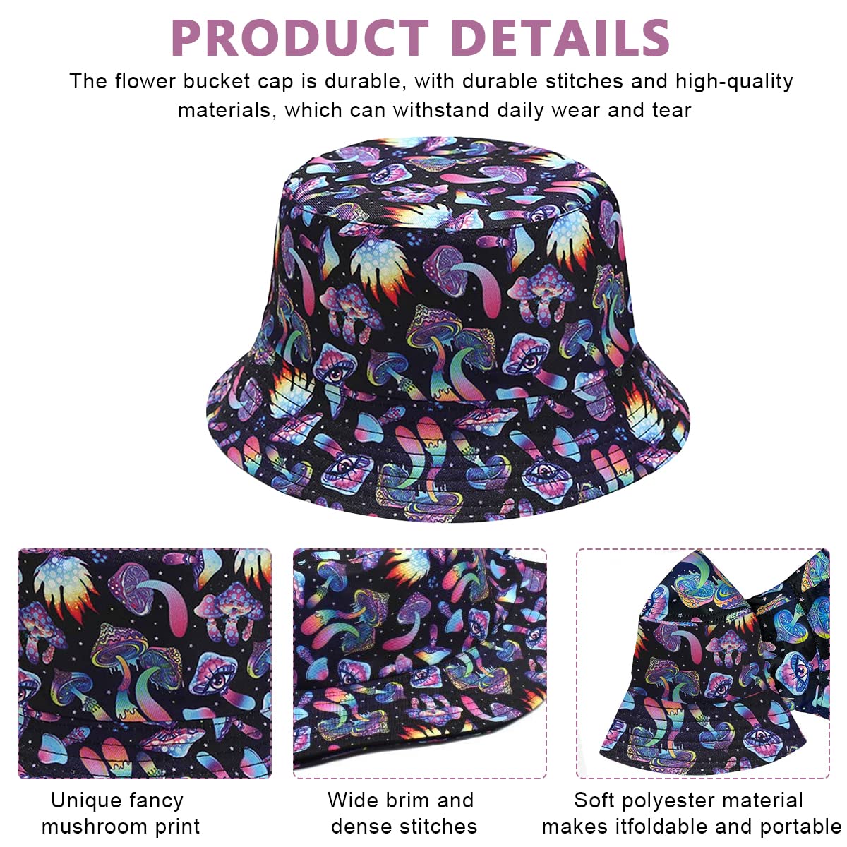 PALAY Digital Print Bucket Hat for Men Women Fashion Color Mushroom Print Beach Hat Cap for Travel, Hiking, Outdoor Fisherman Cap