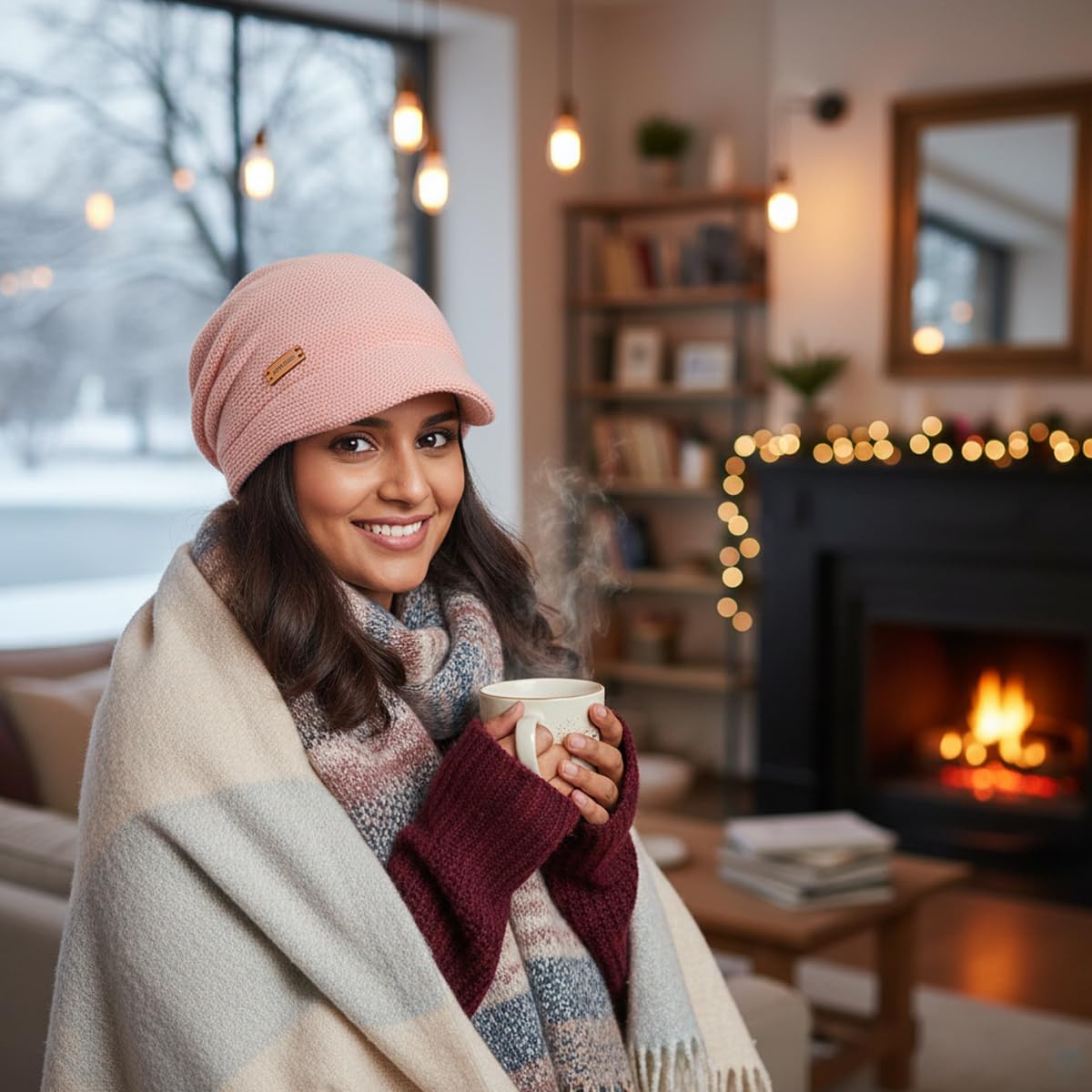 SANNIDHI Winter Cap for Women with Plush Lined Knit and Short Brim | Pink Slouchy Hat
