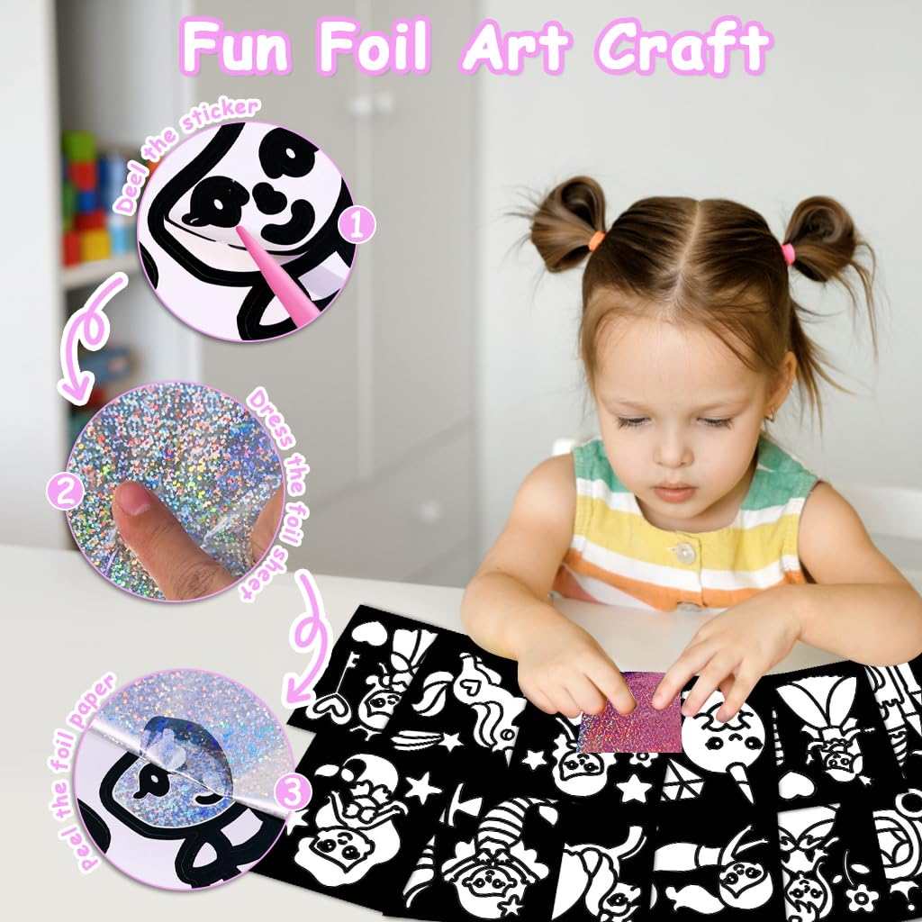 PATPAT DIY Foil and Scratch Kit for Kids with 12 Art Sheets and 80 Glitter Papers | 2 in 1 Creative Craft Set