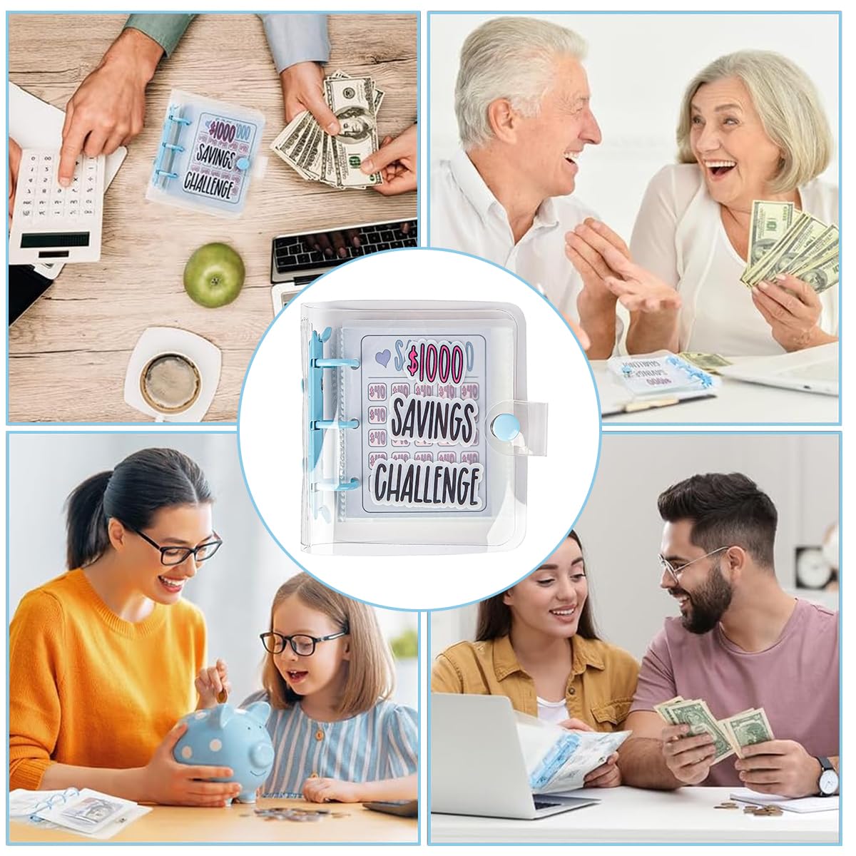OFIFO Money Saving Box Binder for 1000 Challenge with PVC Cash Pockets and Snap Closure | Portable Piggy Bank for Adults