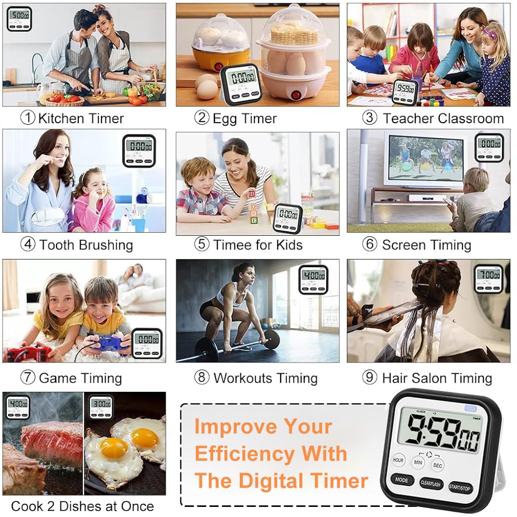 ZIBUYU® Kitchen Timer, Digital Visual Timer 24-Hours Clock Stopwatch Count-Up & Count Down Timer with Large LCD Screen Display Big Digits, Loud Alarm for Cooking, Shower, Bathroom, Kids, Teacher Black