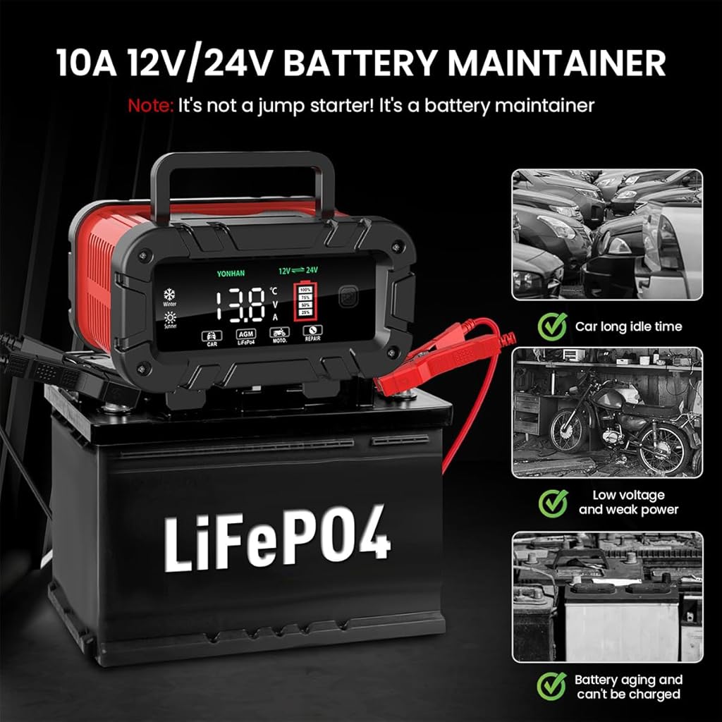 STHIRA 12V/24V Smart Car Battery Charger, Full Automatic with Repair Mode Bike Battery Charger, LCD Display & Safety Protection, LiFePO4/Lead Acid Battery Charger for Car, Bike, Lawn Mower Batteries