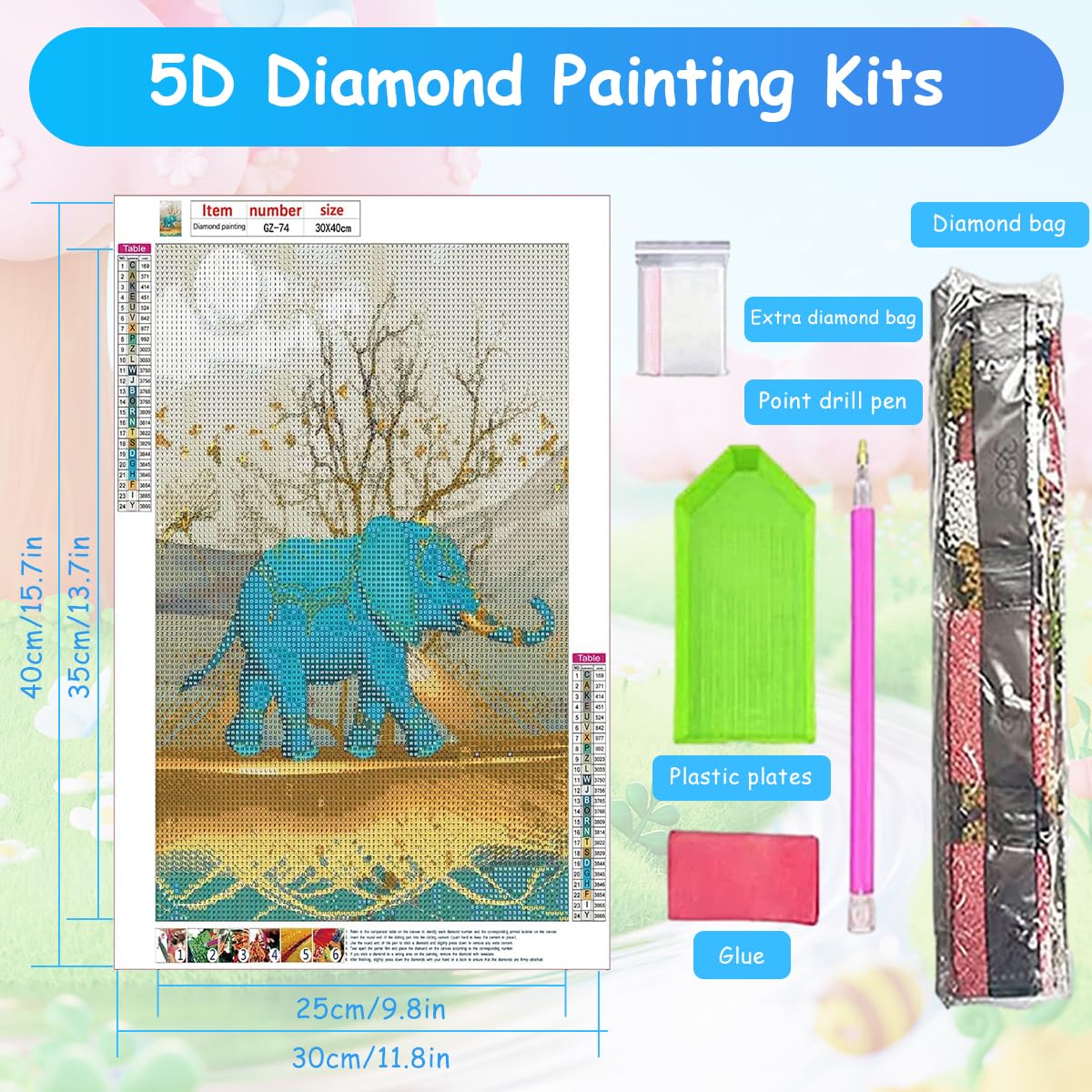 HASTHIP® Diamond Painting Kit, 12x16inch Blue Elephant Diamond Painting, 5D Diamond Painting Kit for Adults & Kids, Very Suitable for Home Leisure and Wall Decoration, Gift for Kids and Adults