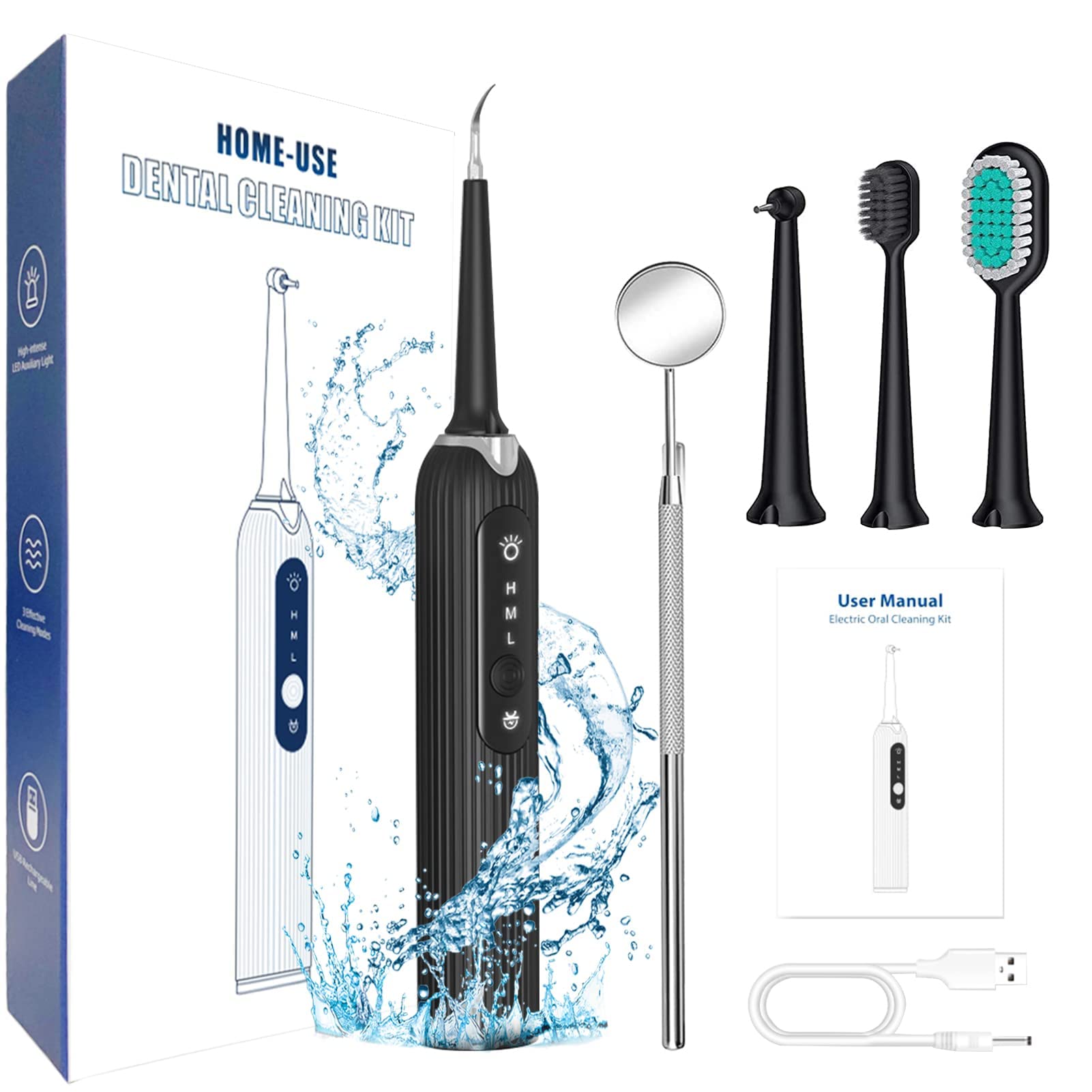 HANNEA Teeth Cleaner Kit with 3 Modes and 4 Heads featuring Sonic Vibration & LED Light