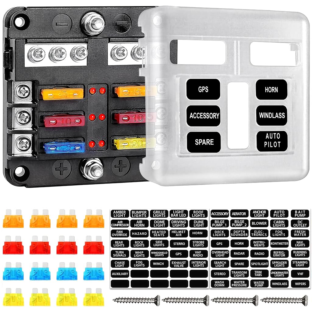 STHIRA Automotive Fuse Block Panel Kit for 12V 24V Systems with LED Indicators & Bus Bars