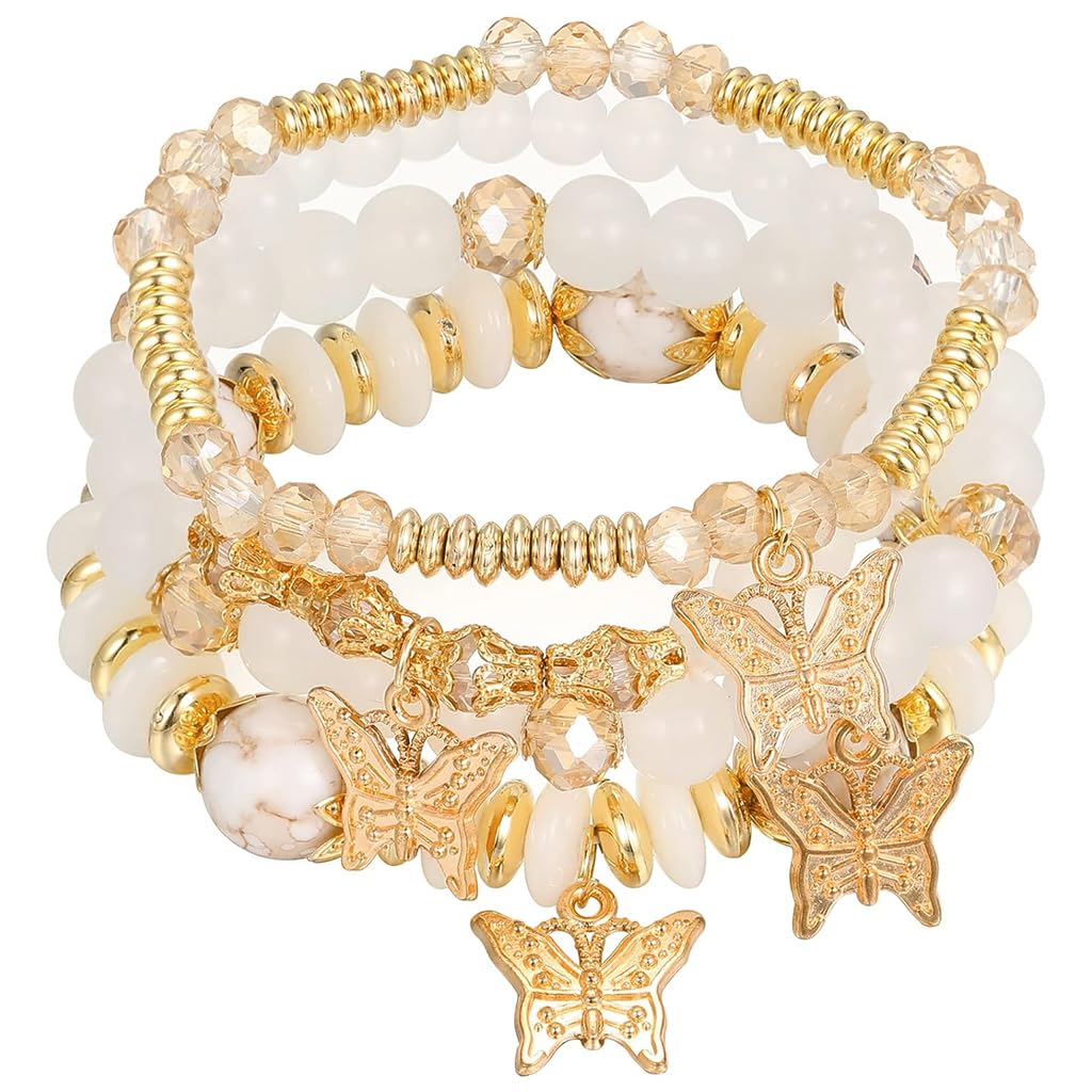 SANNIDHI 4Pcs Bohemian Butterfly Layered Bracelet Crystal Bracelet Stretchy Golden Beaded Bracelet Butterfly Bracelets for Women Girls Beaded Fashion Layered Beaded Bracelet Jewelry Gift for Girls