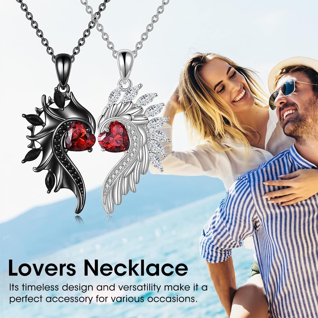 SANNIDHI Couple Necklace Angel and Devil's Wing Necklace Rhinestone Heart Symbol of Love Pendant Necklace for Couples Women Men Valentine's Day Anniversay Gift