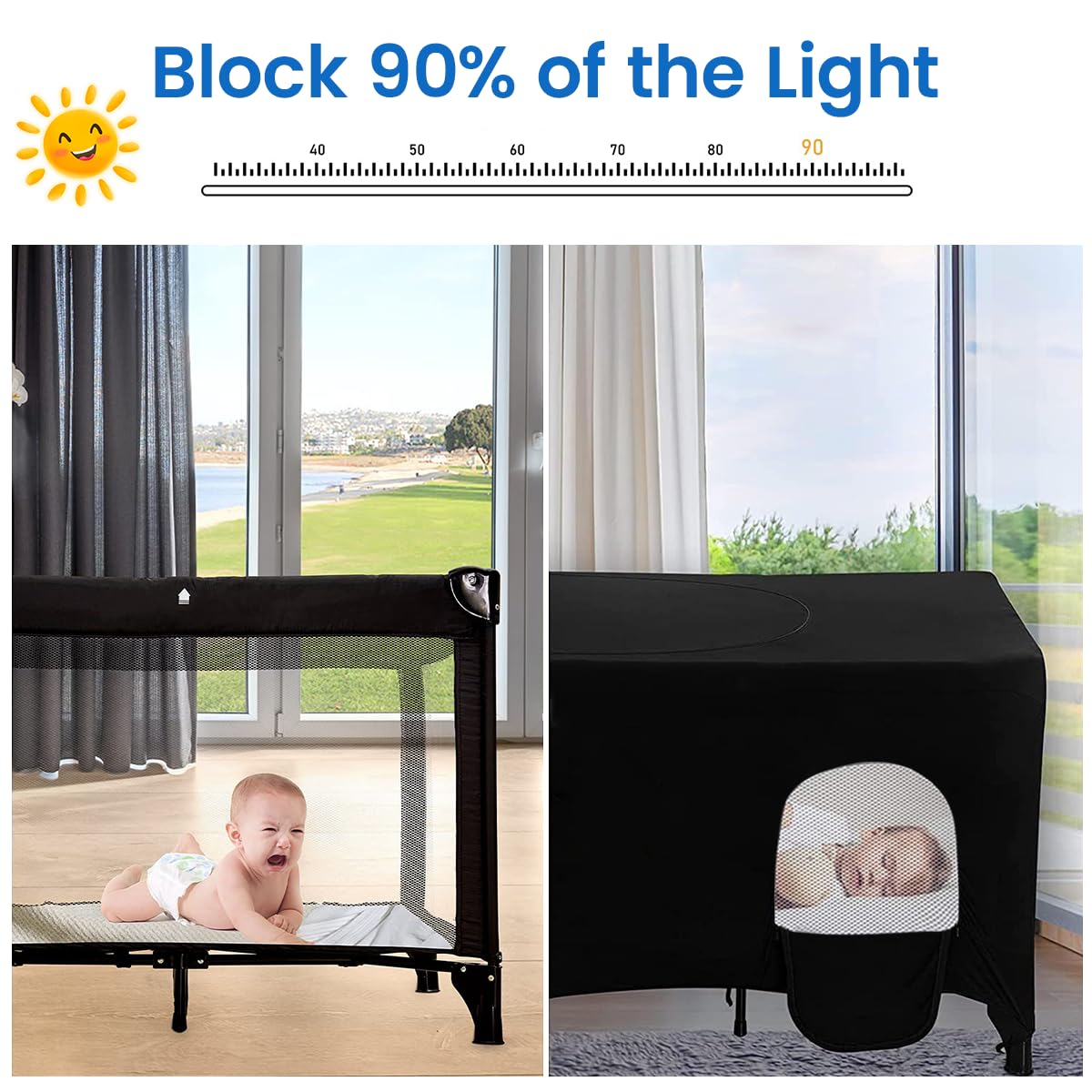SNOWIE SOFT Blackout Crib Canopy Cover for Dark Sleep 39×28×29 in with Mesh Windows | Breathable Polyester Lightshade Mosquito Net