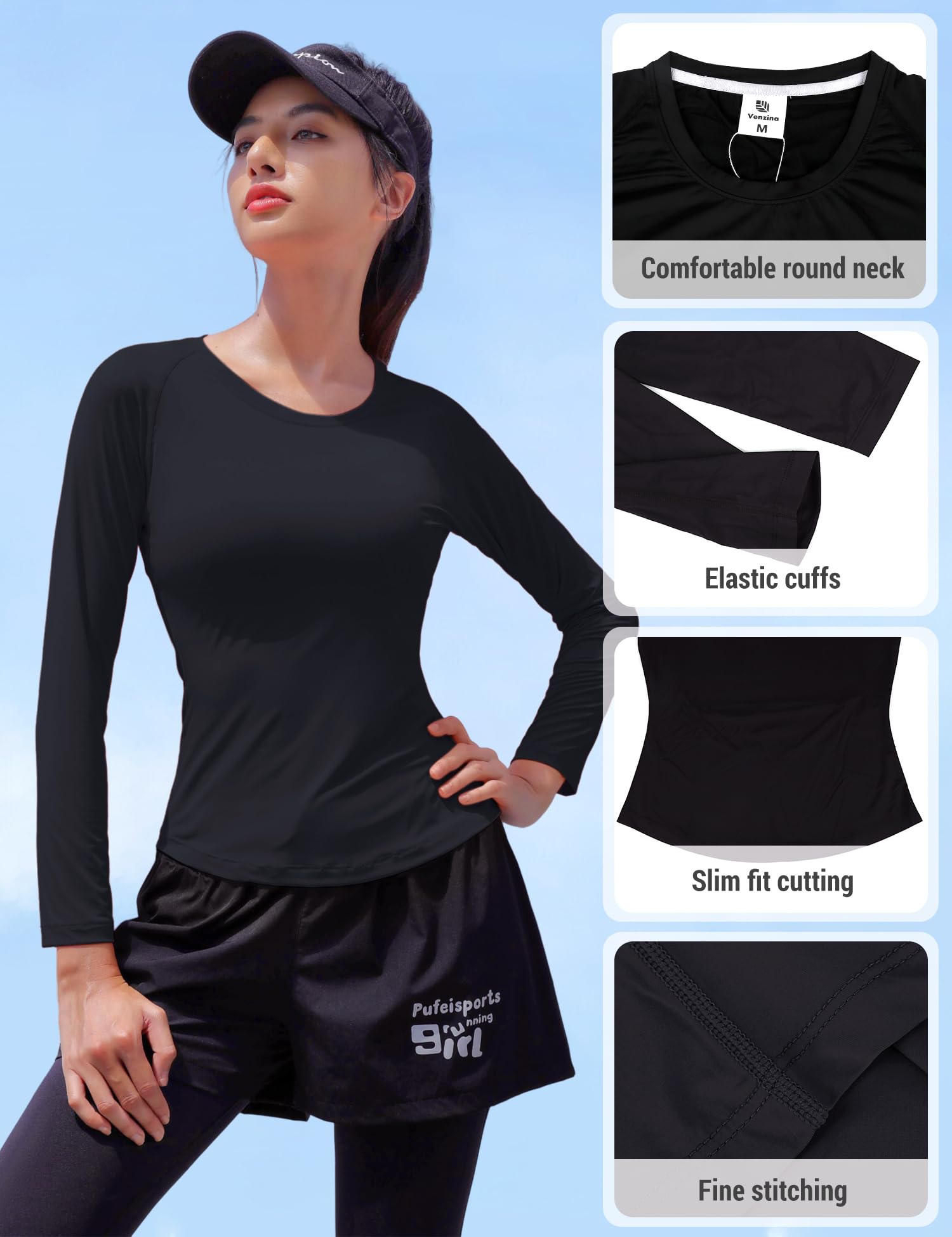 Venzina Women's Long Sleeve Quick Dry T Shirt for Yoga and Running with UPF 50+ Sun Protection | Lightweight Stretchable Black Athletic Top