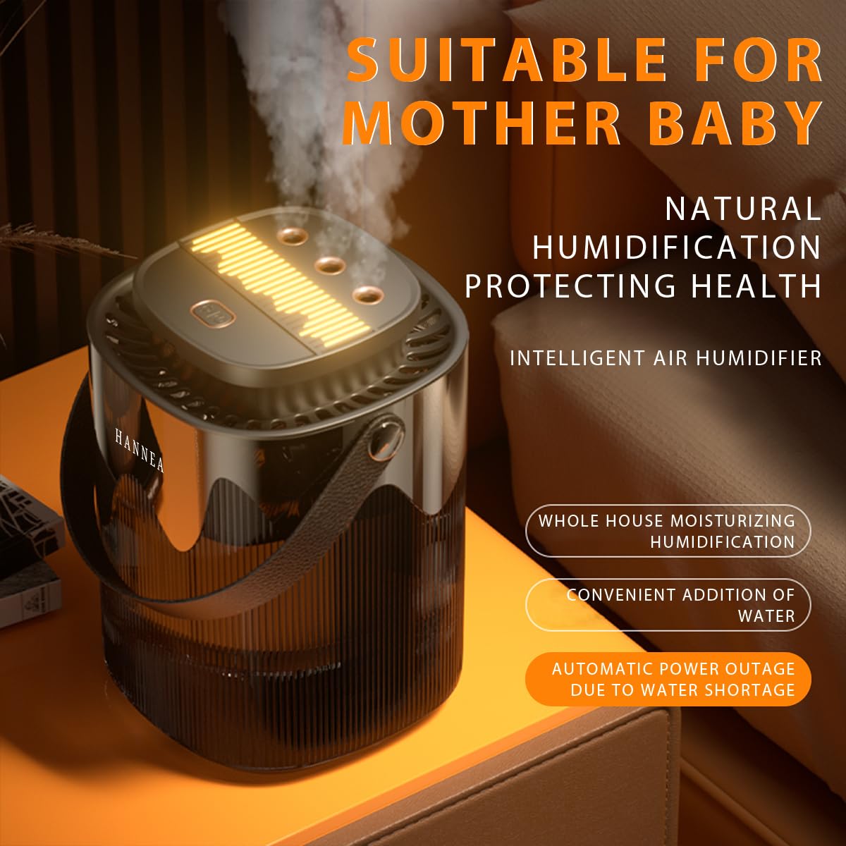 HANNEA Cool Mist Humidifier for Bedroom with 3L Tank and Triple Nozzle Design | Quiet LED Night Light