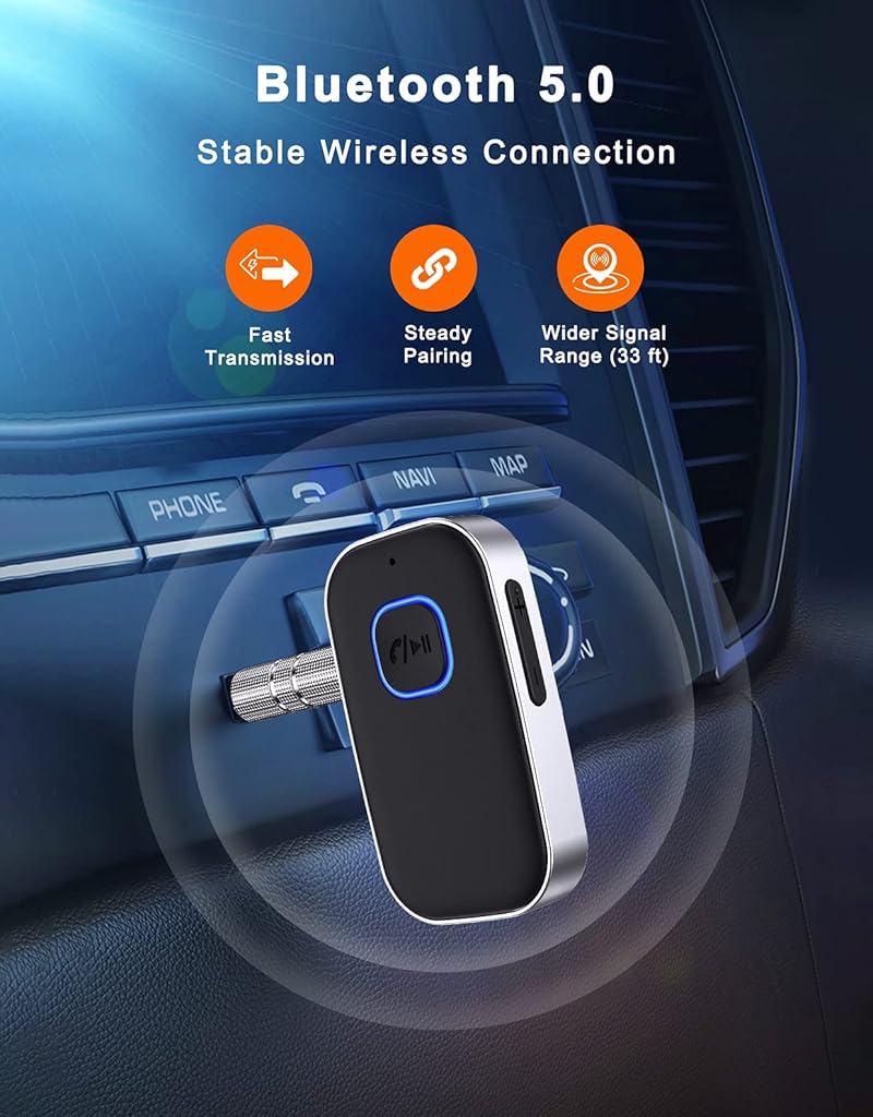 Verilux® Bluetooth 5.0 Receiver for Car,Upgraded Noise Reduction 3.5mm Jack Aux Bluetooth Connector, Hands-Free Microphone, Music Receiver for Car, Home Stereo,Headphones,Speakers,16hs Long Duration