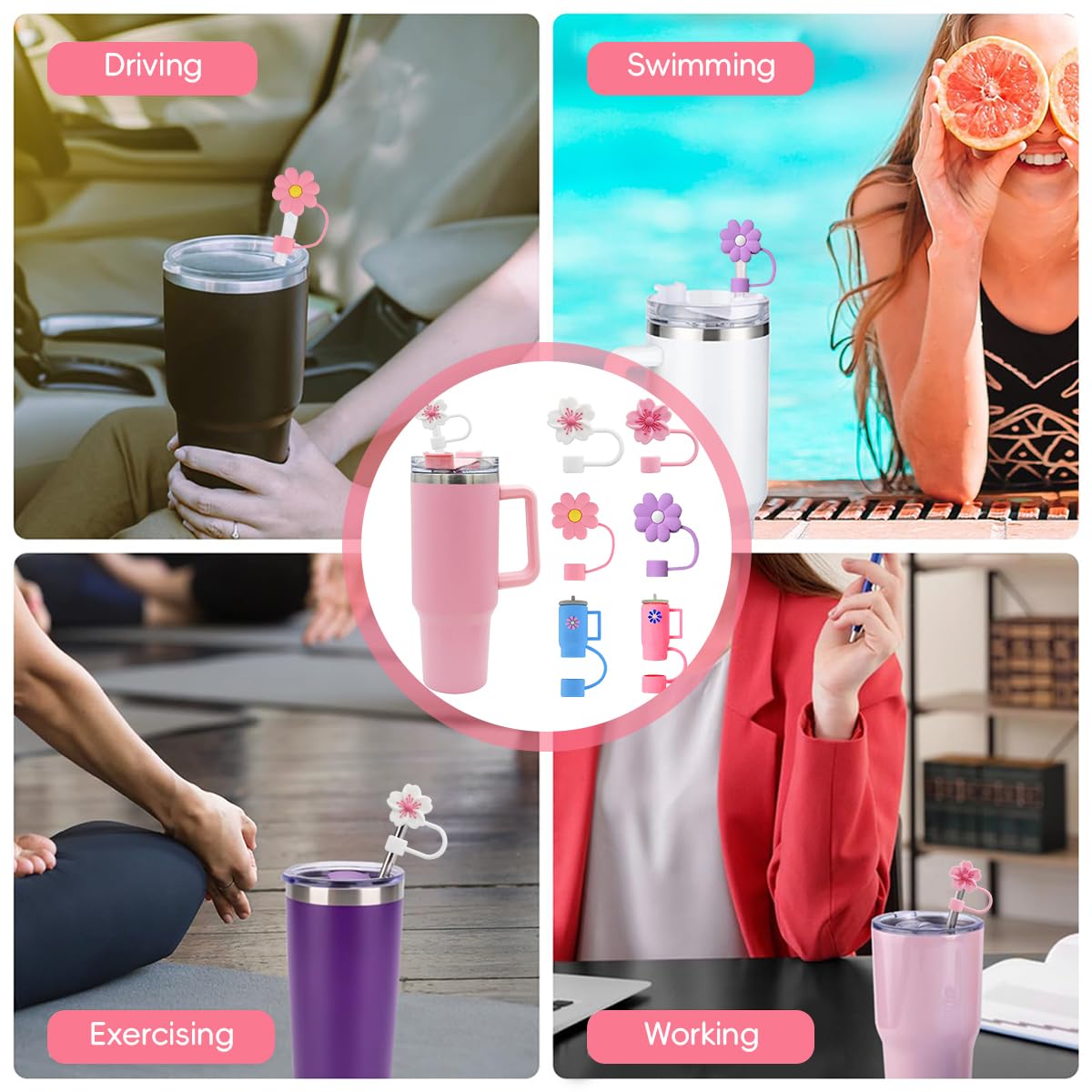 ZIBUYU Straw Cap for Stanley Cup featuring Anti Lost Loop and 6pcs Soft Silicone Tips | Cute Floral Dustproof Covers for 10mm Straws