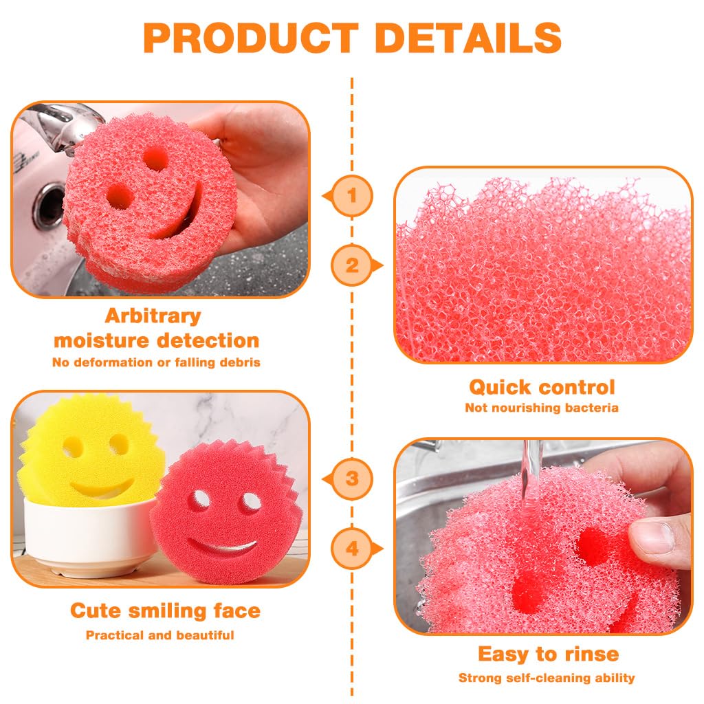 Supvox Scrubber for Kitchen 4 Pack with Dual Sided Sponge and Suction Cups | Fun Smiley Design