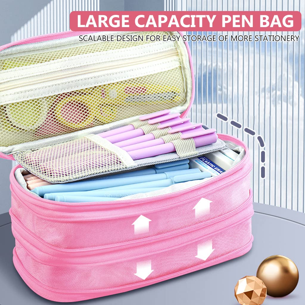 HASTHIP Large Capacity Pencil Case for Students with 3 Layers Foldable Design and Handle | Pink Canvas 22.5×9.5×11cm Organizer