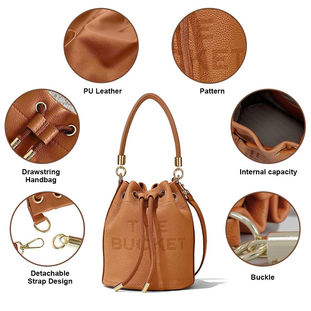 PALAY Bucket Bag for Women featuring 18×18×20cm size with detachable 120cm strap | Brown PU crossbody handbag