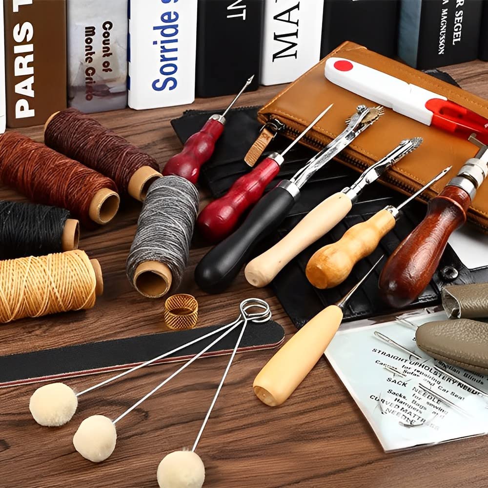 Supvox 19Pcs Leather Sewing Tools, Leather Craft Tool Kit with Hand Sewing Needles Drilling Awl Waxed Thread and Thimble Curved Upholstery Repair Kit for Beginners and Professionals Leather Craft