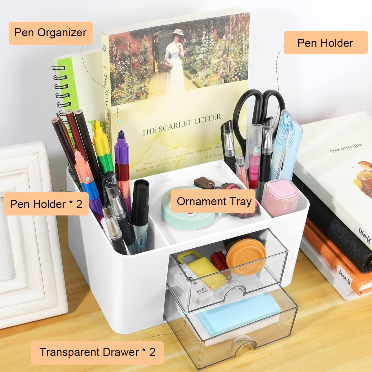 Climberty® Desk Organizer - Pen Organizer with 2 Drawer, Multi-Functional Pencil Holder for Desk, Desk Organizers and Accessories with 5 Compartments + Drawer for Office Art Supplies (White)