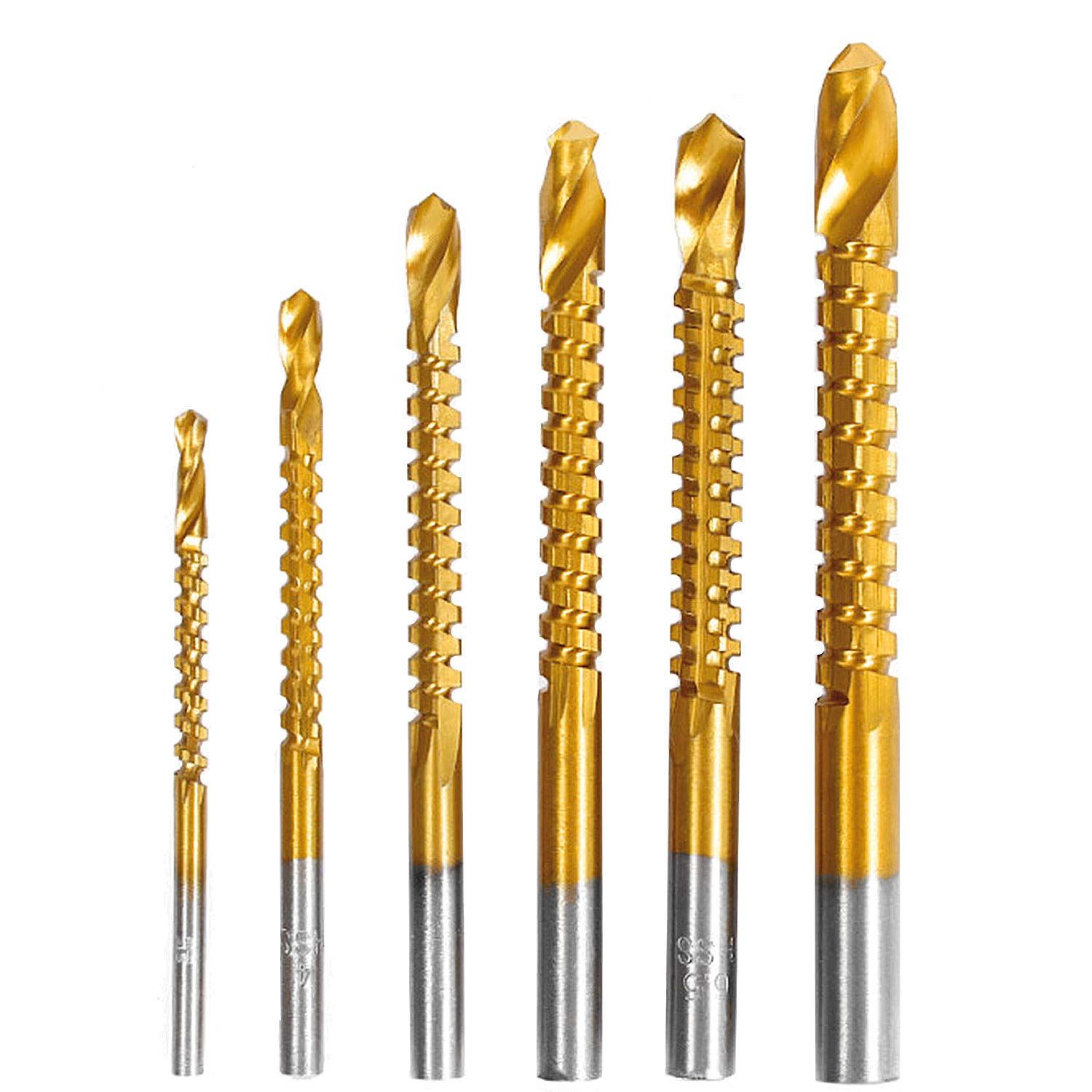 ZIBUYU Titanium Coated HSS Twist Drill Milling Bits - 3-8mm Serrated Grooving Cutting Carpenter Side Cutting Tap Spiral Saw Drill Bit Woodworking Wood Metal Plastic Hole Holesaw Tool (6pcs)