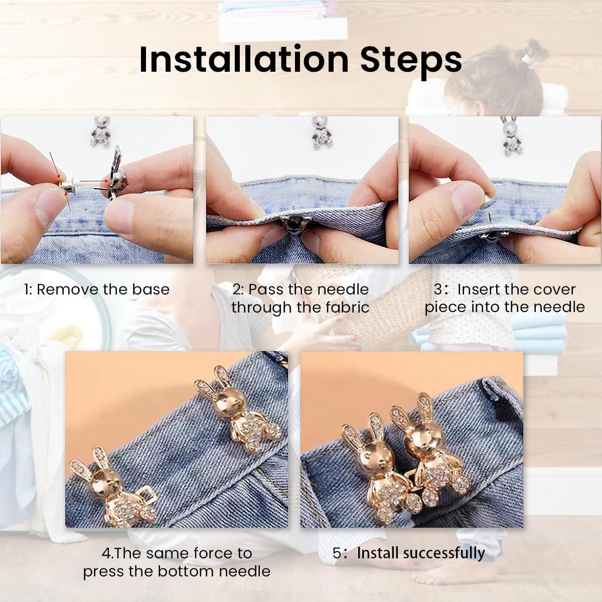 Venzina Adjustable Waist Buckle for Jeans and Pants featuring Detachable Alloy Pins | 4 Sets Cute Rabbit Rhinestone Design